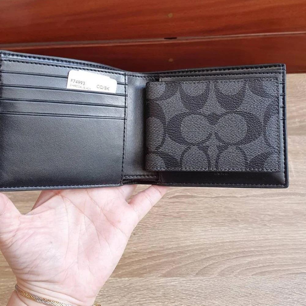 NWT Coach Men Compact Id Wallet In Signature Canvas Black/Charcoal